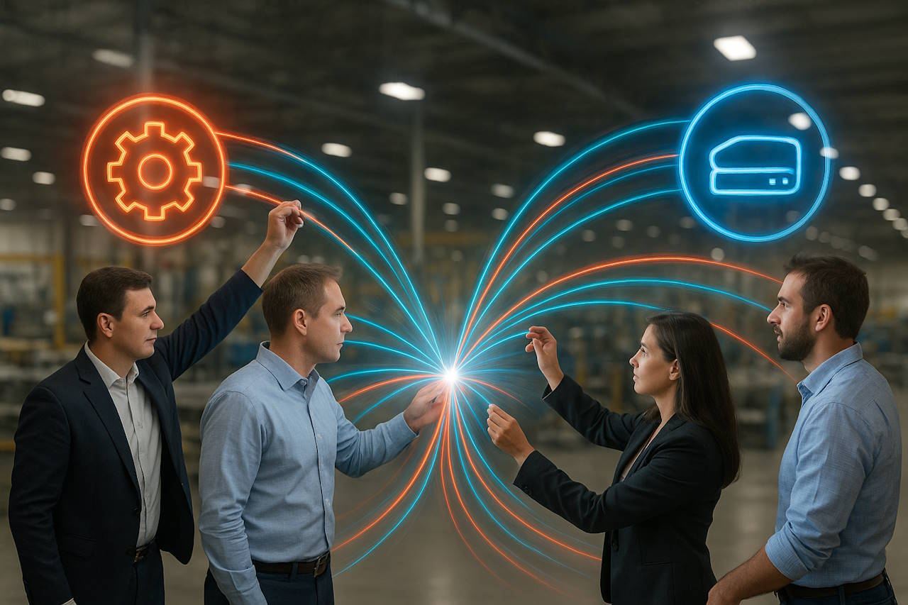 image depicting employees collaborating (for a manufacturing plant)