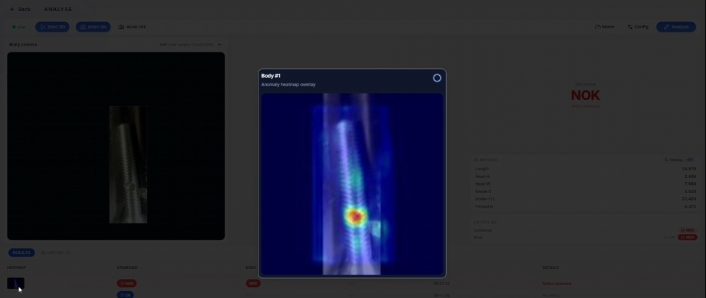 Waywiser operator interface showing an anomaly heatmap overlay and NOK inspection result